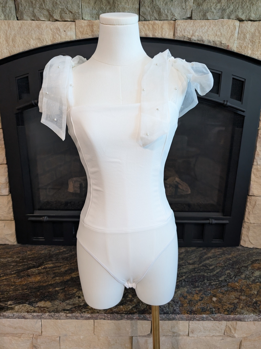 White Bodysuit with Sheer Pearl-Trim Shoulders